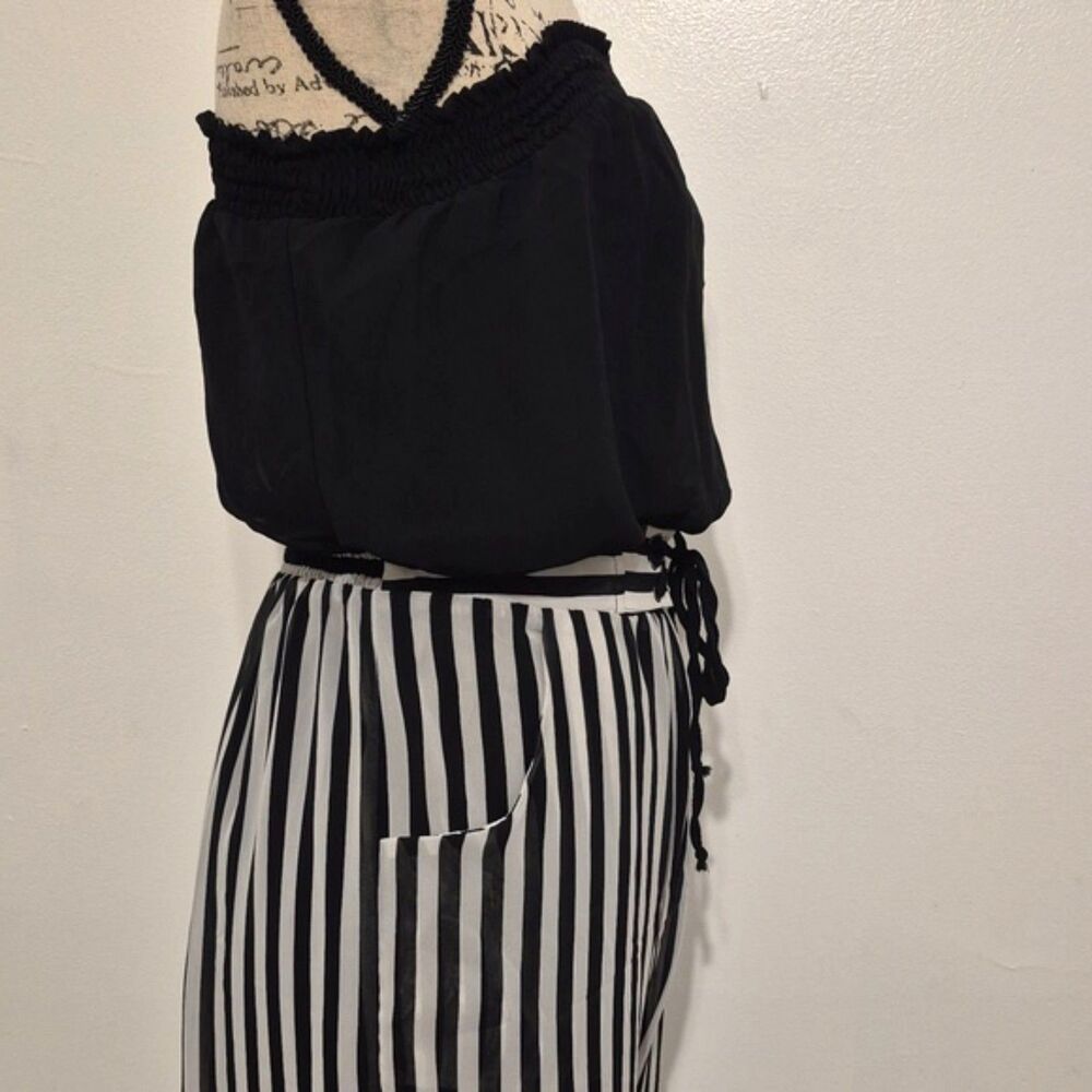 Double Zero Tube Top Pant Jumpsuit M Black White Striped Wide Leg Tie Waist - Picture 4 of 10